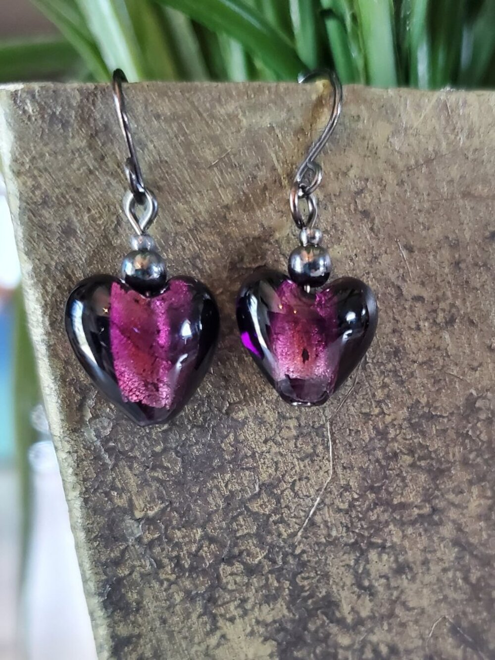 Dark Purple Heart Glass Lampwork Earrings